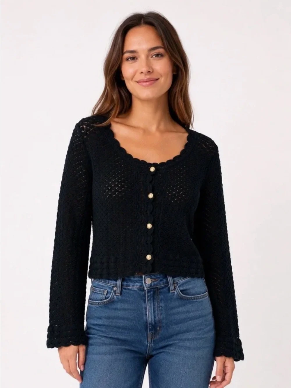 J. Crew Black Scalloped V-Neck Button Cardigan
